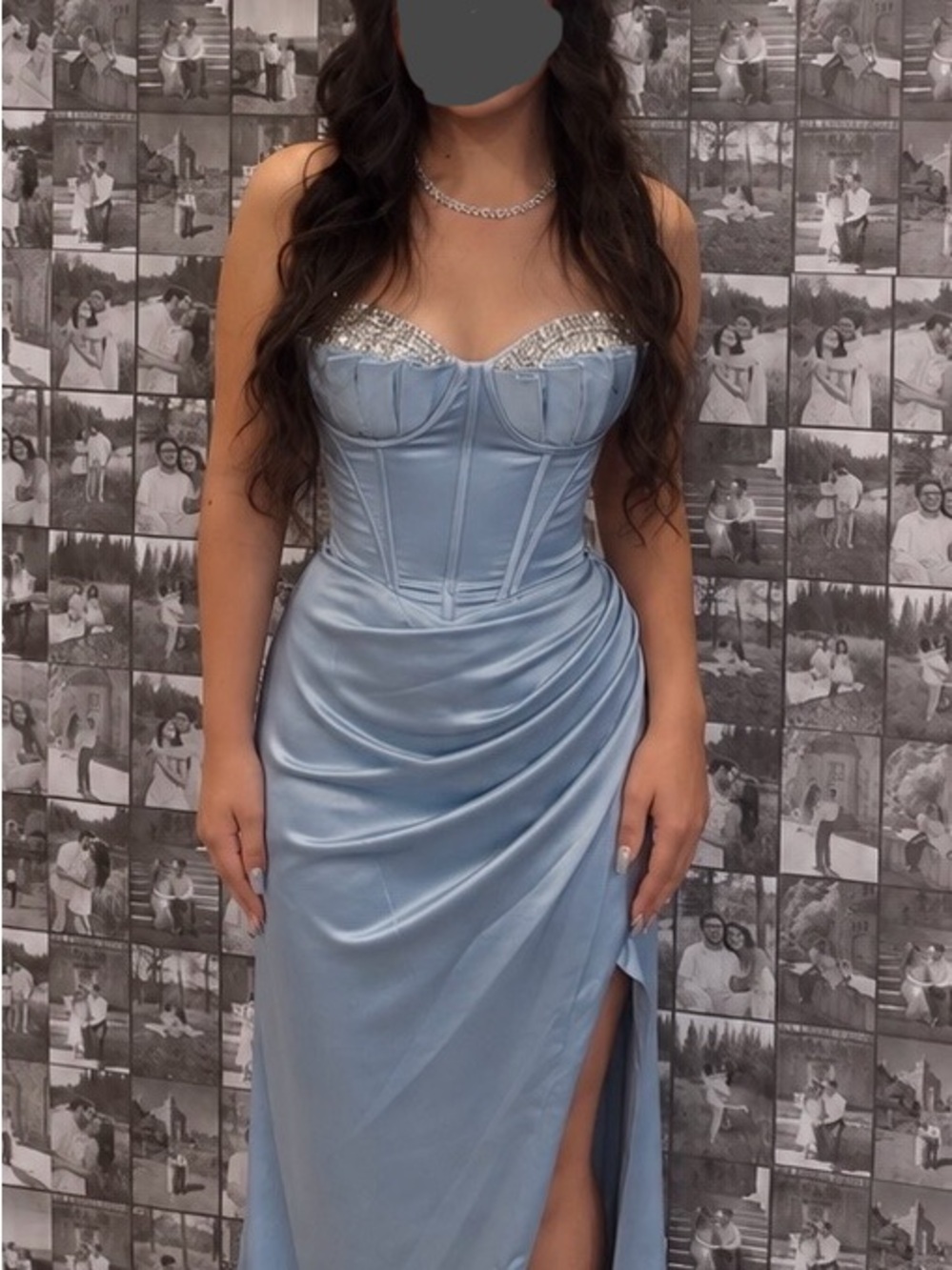 Strapless Satin Corset Dress with Crystal Trim - Light Blue